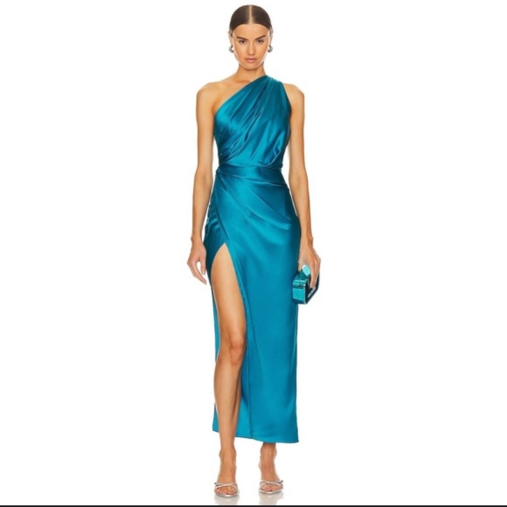 Blue Asymmetrical Ruched One-Shoulder Midi Dress
